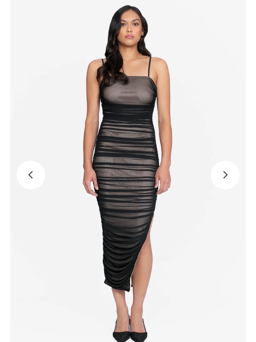 Sheer Ruched Black Midi Dress with Spaghetti Straps